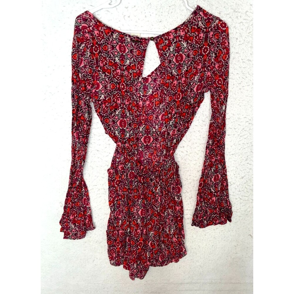 Billabong Womens Worlds Collide Red Floral Romper Sz S Jumpsuit Open Back Boho